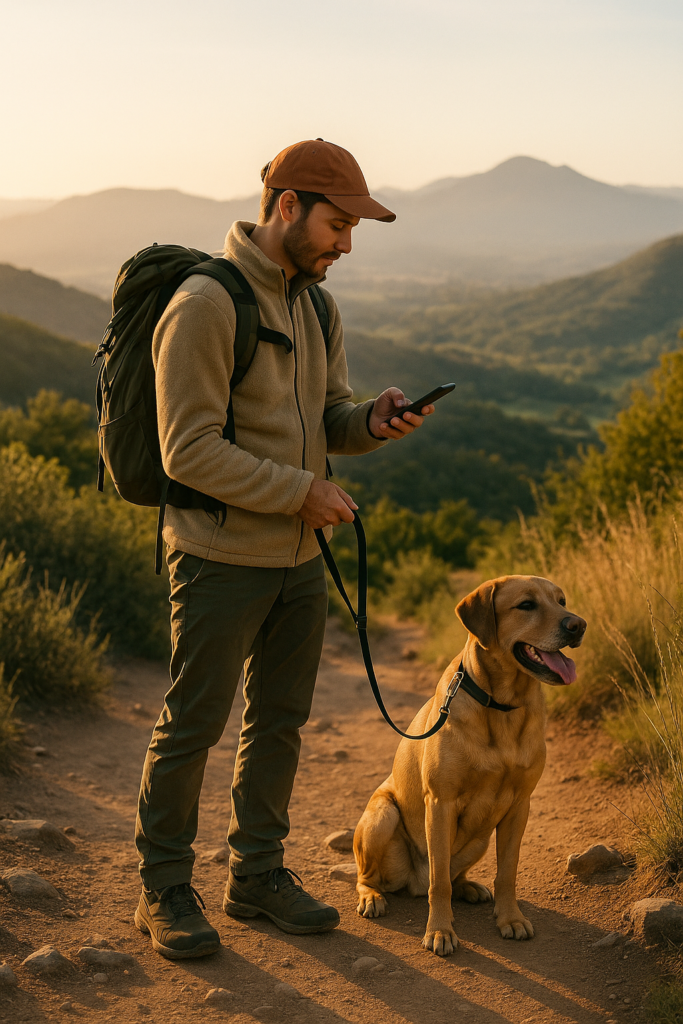 Using the phone to track and note key elements on his journey,